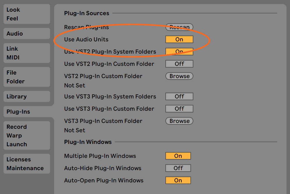 Ableton Live Audio Units Preferences