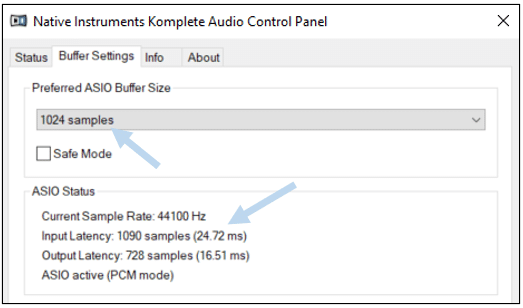 Windows buffer settings 1024 samples