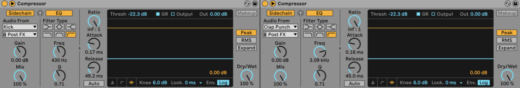 Sidechain compression settings from kick and snare
