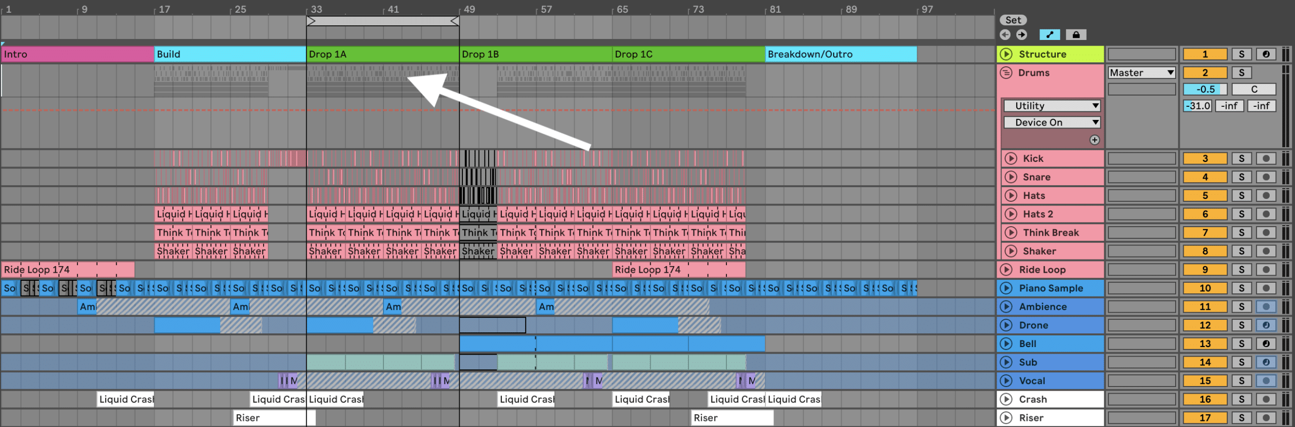 Liquid DNB track structure in Ableton Live 11