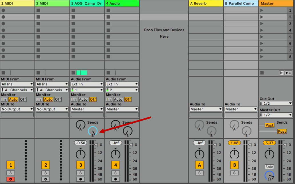 Ableton return tracks send b for parallel compression