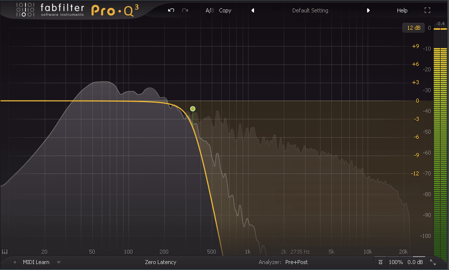 Pro-Q 3 EQ low pass at 350Hz on dub techno kick