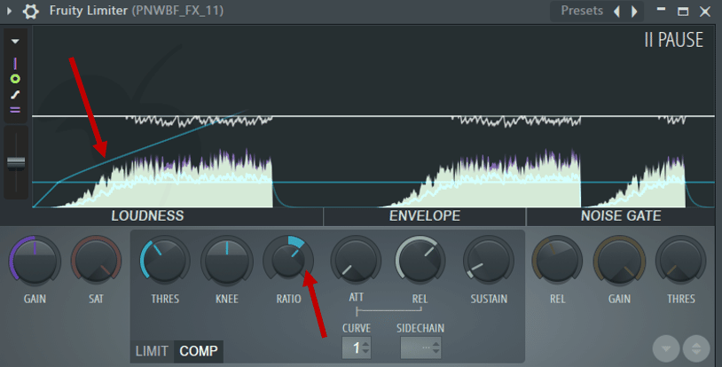 Adjusting the ratio in Fruity Limiter
