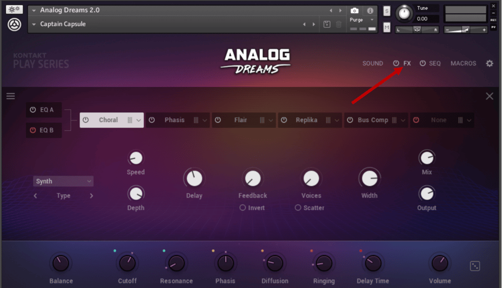 The FX tab in Analog Dreams
