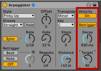 The velocity parameters in Ableton Live's Arpeggiator