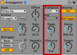 The transpose parameters in Ableton Live's Arpeggiator