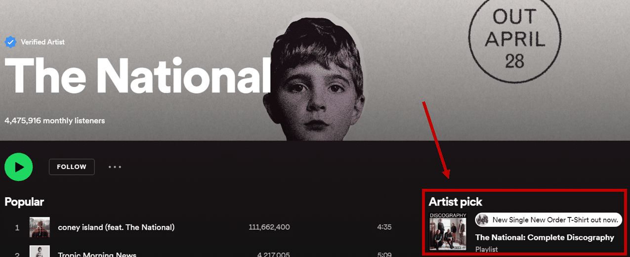 example of an Artist Pick on Spotify