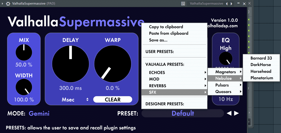 choosing a preset in the Supermassive free plugin