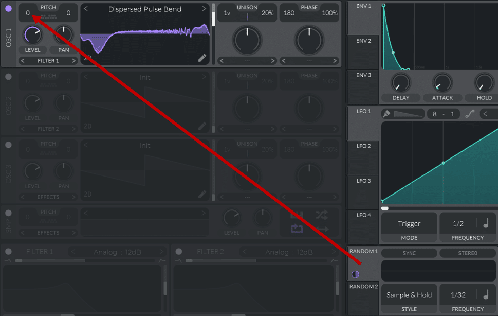 assigning an random LFO to the pitch of an oscillator in Vital