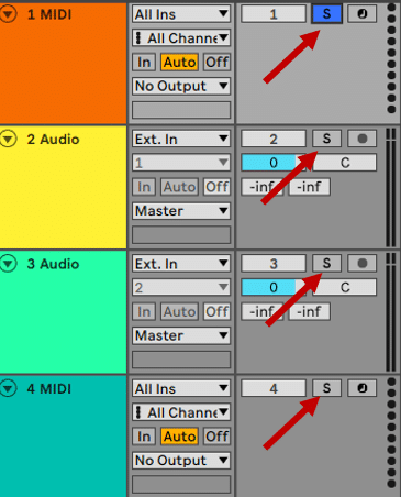 showing where the "solo"button is located in Ableton Live