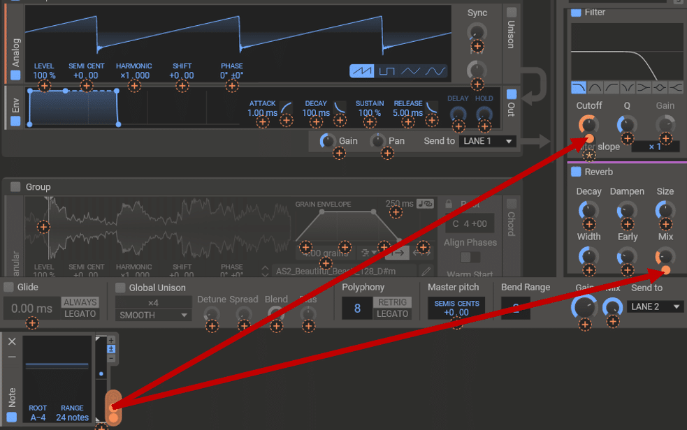 Mapping a Note modulation to a filter and a reverb