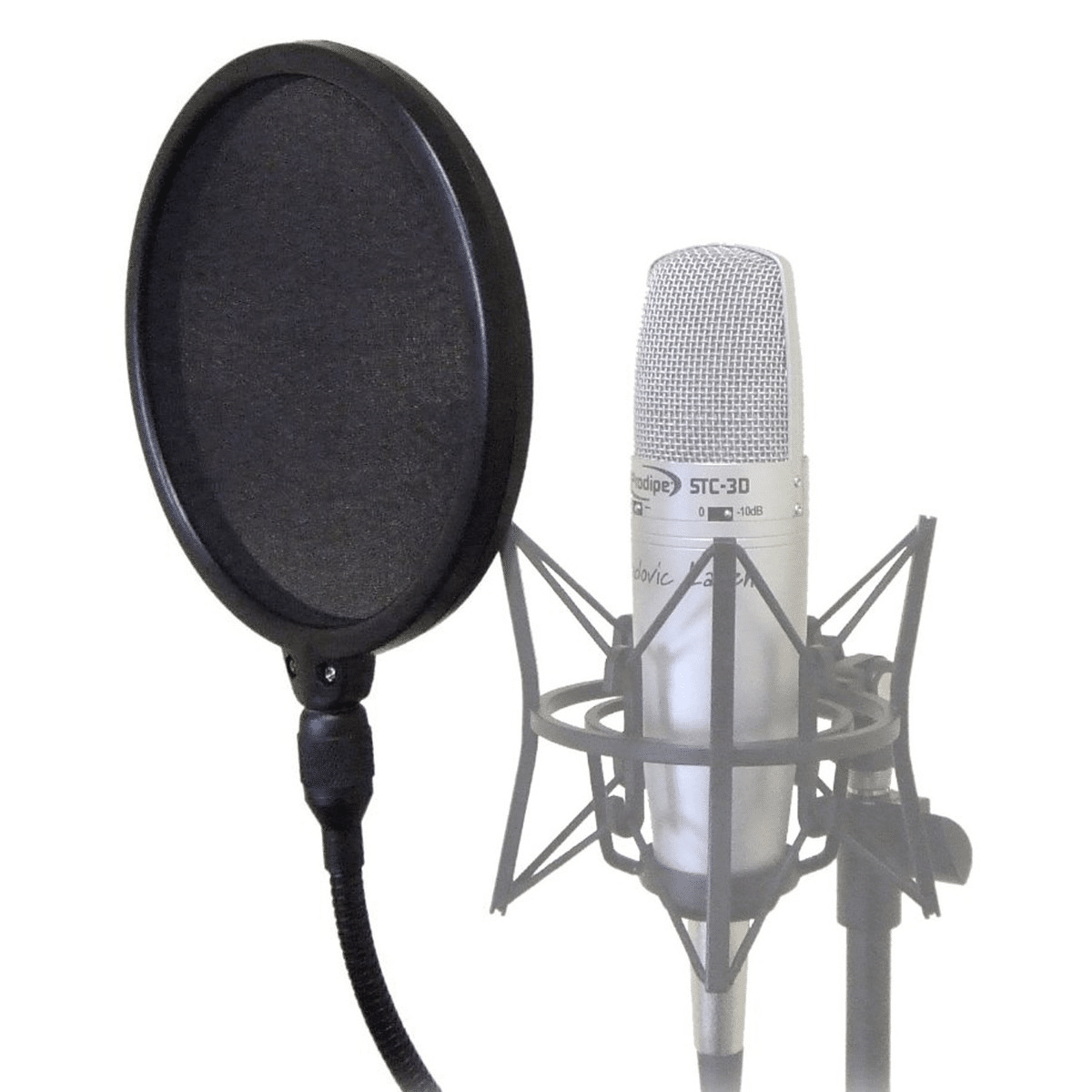 A pop filter in front of a mic
