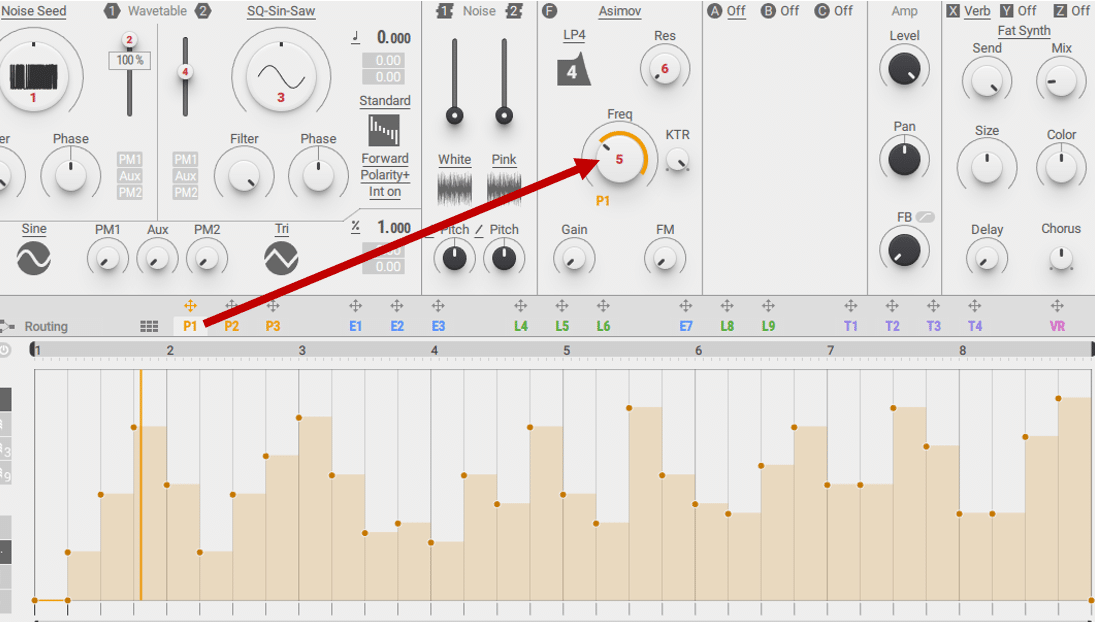 I am modulating the filter cutoff with this complex step pattern