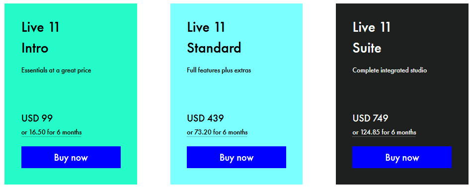 Ableton Live's pricing tiers