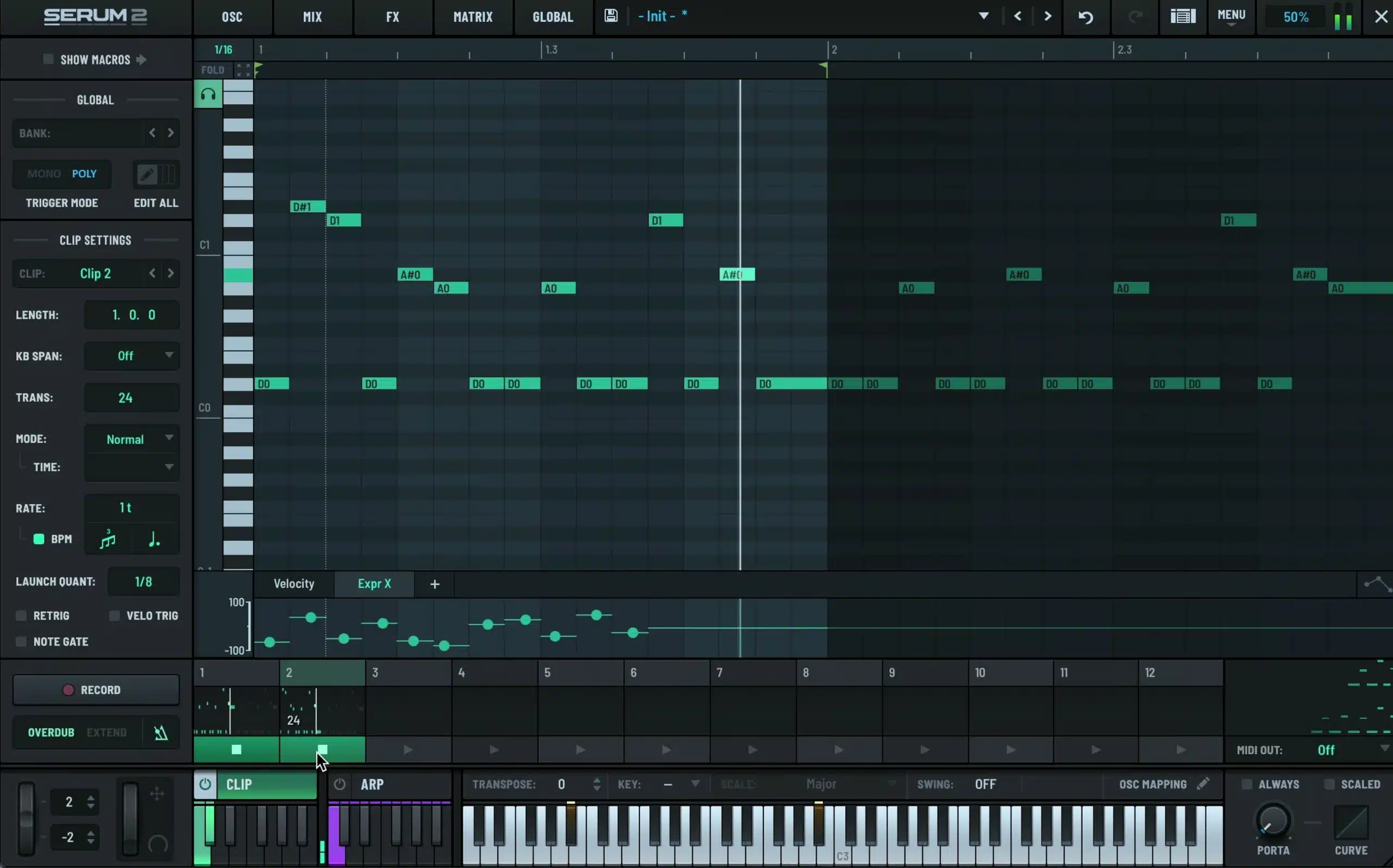 Poly trigger mode and a +24-semitone transposition turn the second clip into a higher layer.