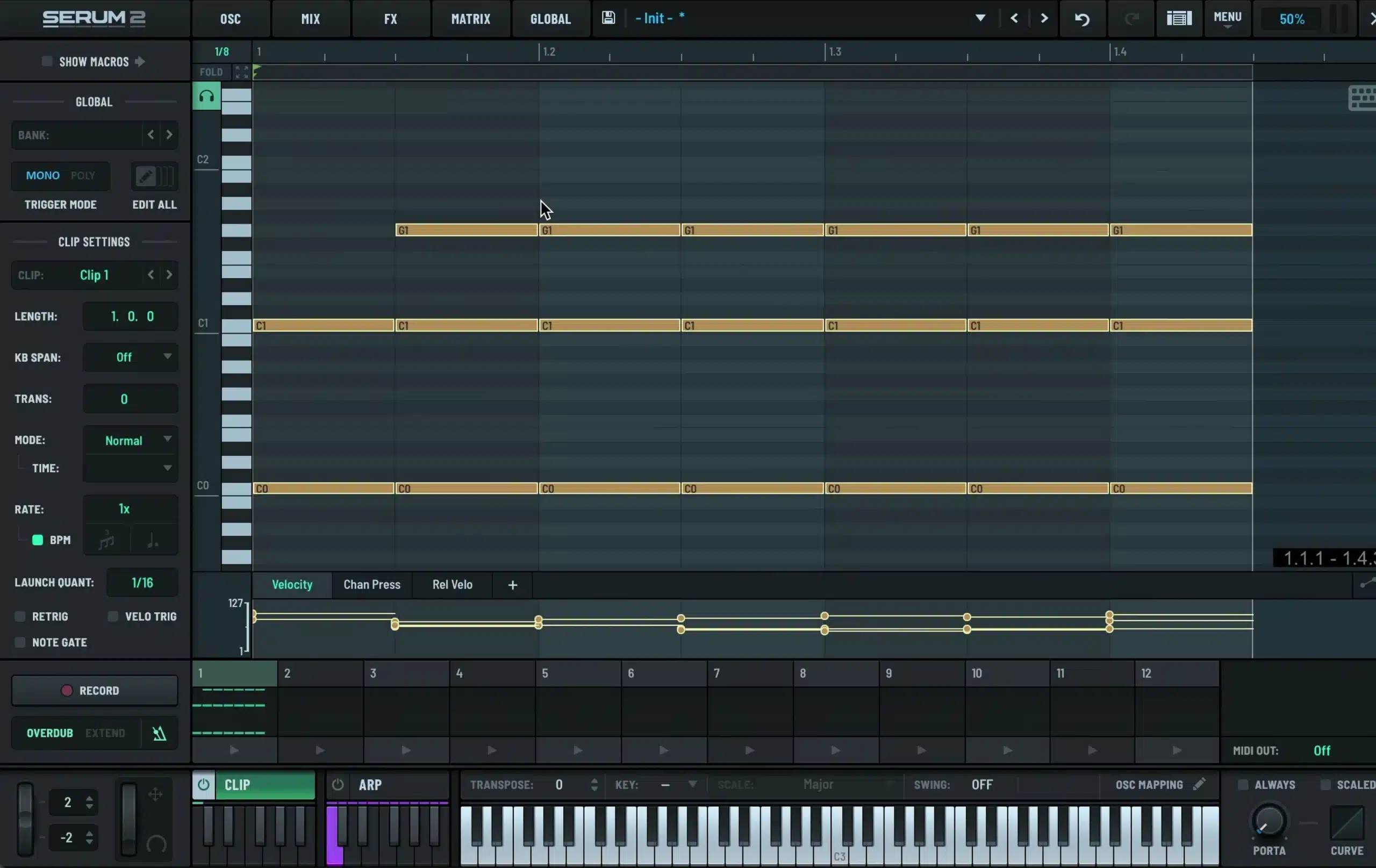 The grid selector sits near the upper-left of the piano roll; choose the rhythmic division before quantizing.